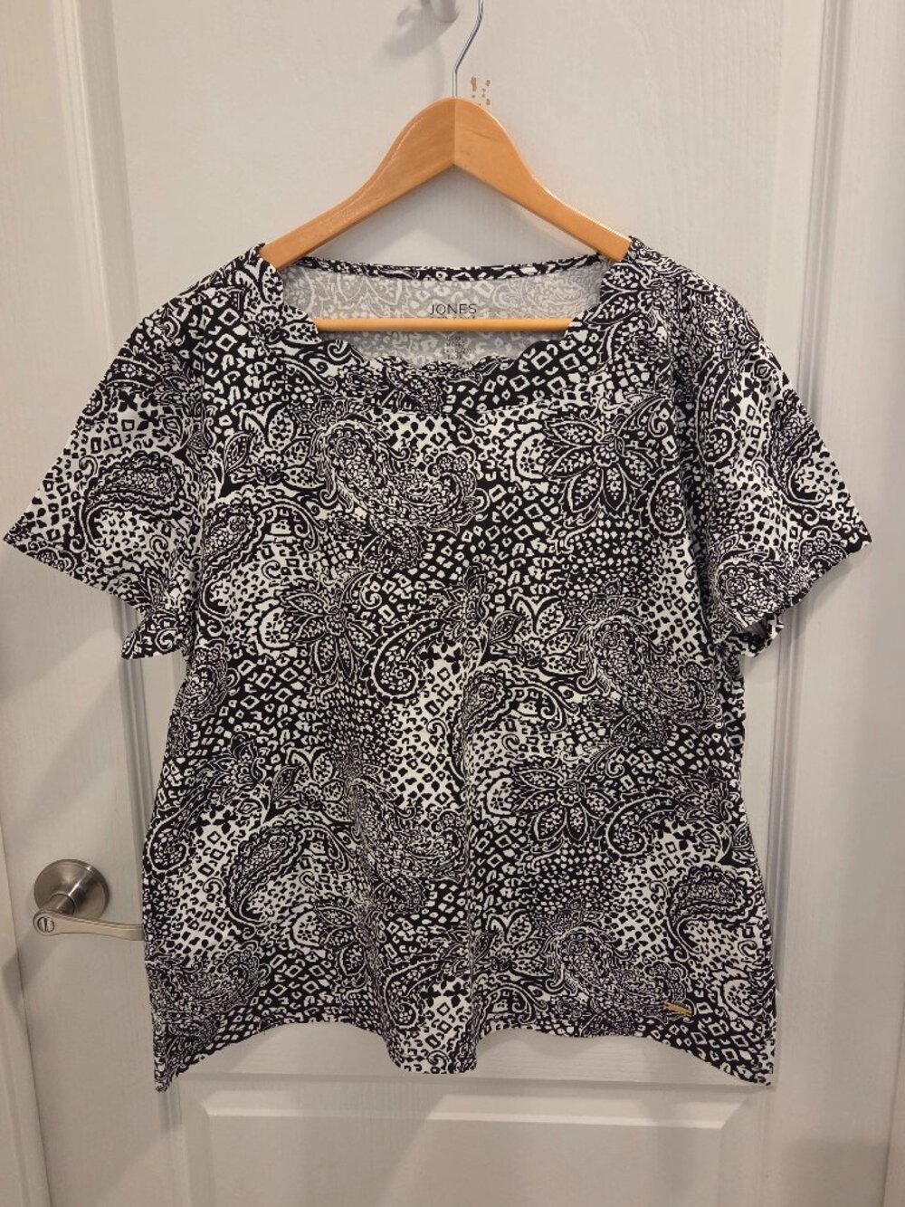 Jones New York Womens Paisley Black and White Short Sleeve Top Size XXL